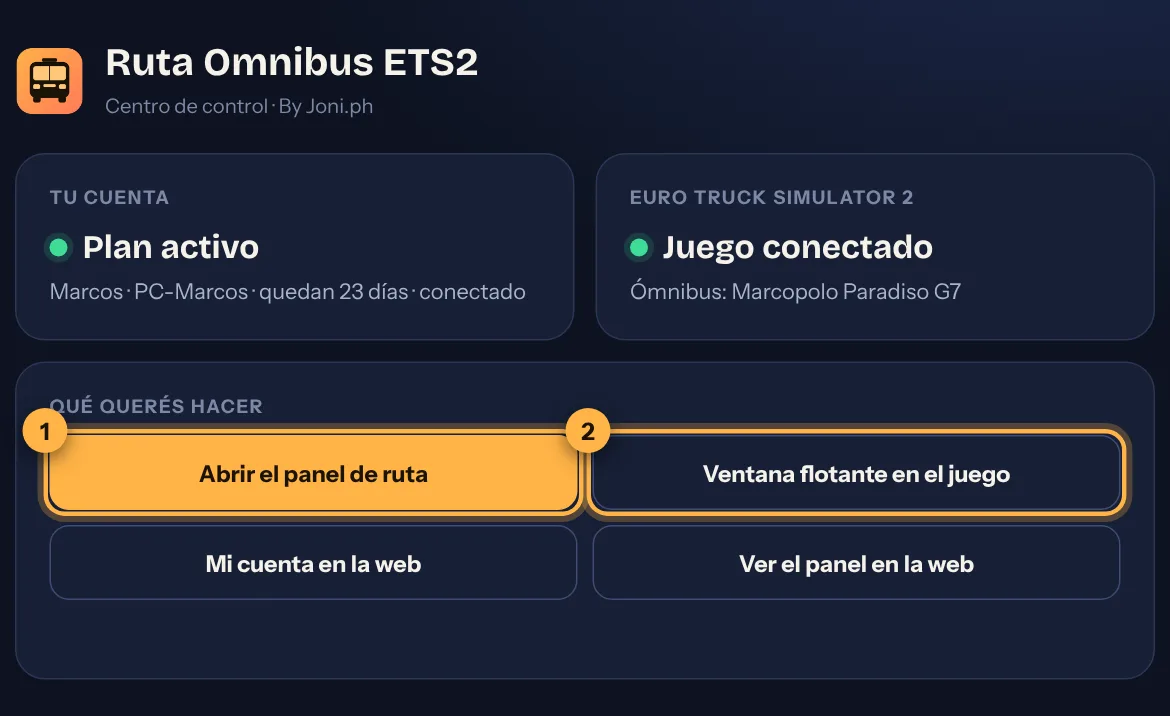 Centro de control con el plan activo y el juego conectado