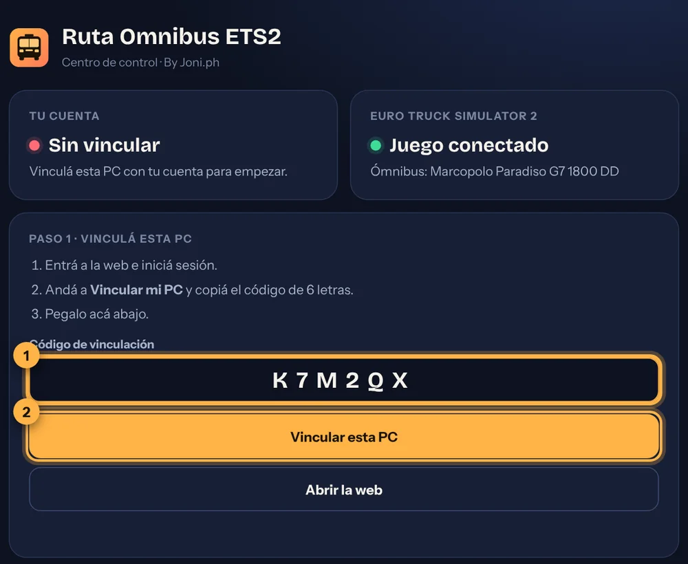 Centro de control con el campo para pegar el código